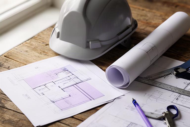 Architekturplan und Schutzhelm auf einem Holztisch neben Unterlagen eines Bauprojekts