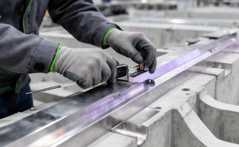Detailaufnahme einer präzisen Schalung in der Fertigungshalle von Bauman & Brunner Elemente GmbH