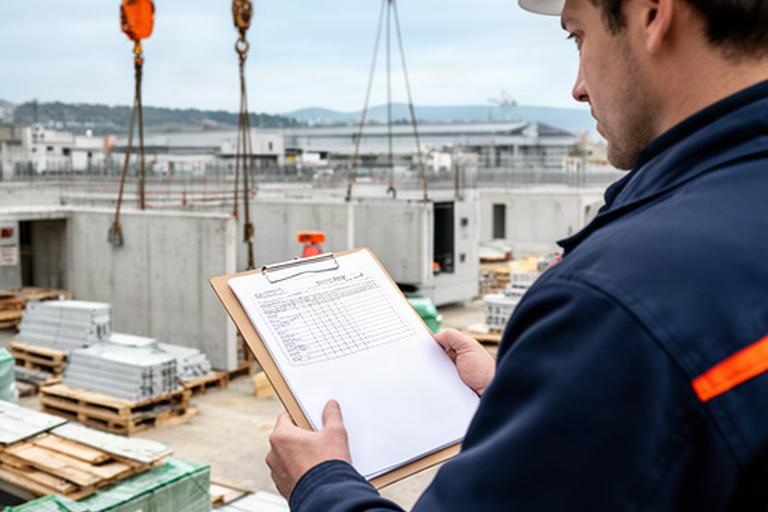 Bauleiter kontrolliert eine Lieferliste für Bauelemente auf einer Baustelle in Genf