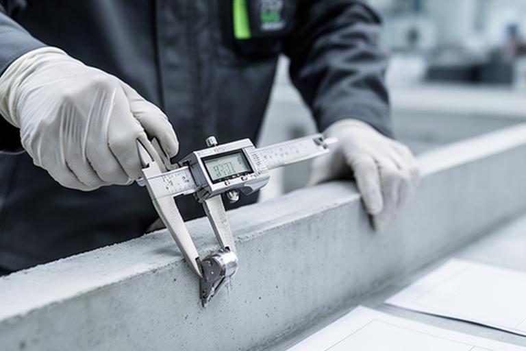 Qualitätsfachkraft misst ein fertiges Bauteil aus Beton mit einem Präzisionsmessgerät