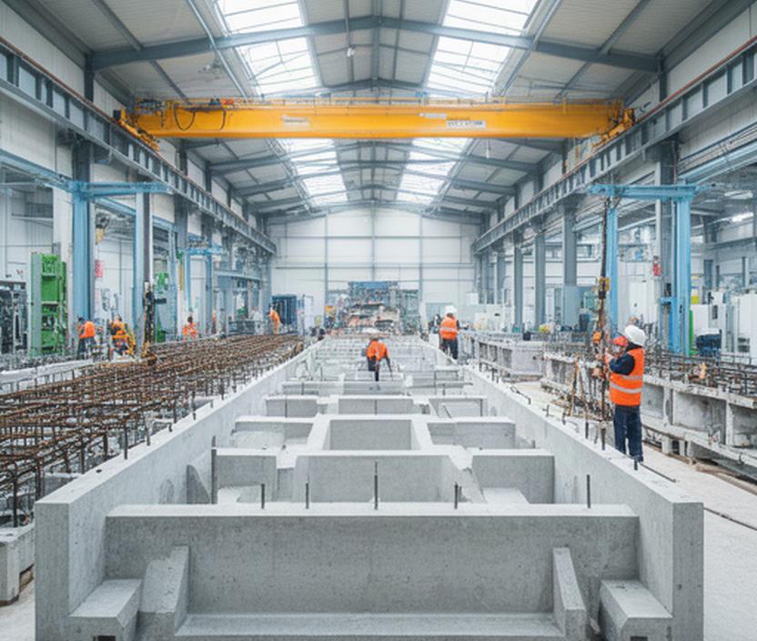 Fertigung grosser Betonbauteile in einer hellen Produktionshalle