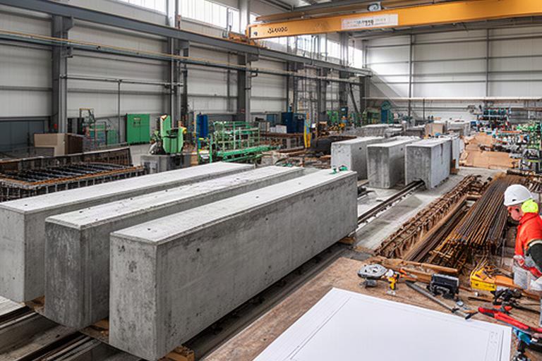 Vorgefertigte Betonbauteile und technische Zeichnungen in einer Produktionshalle