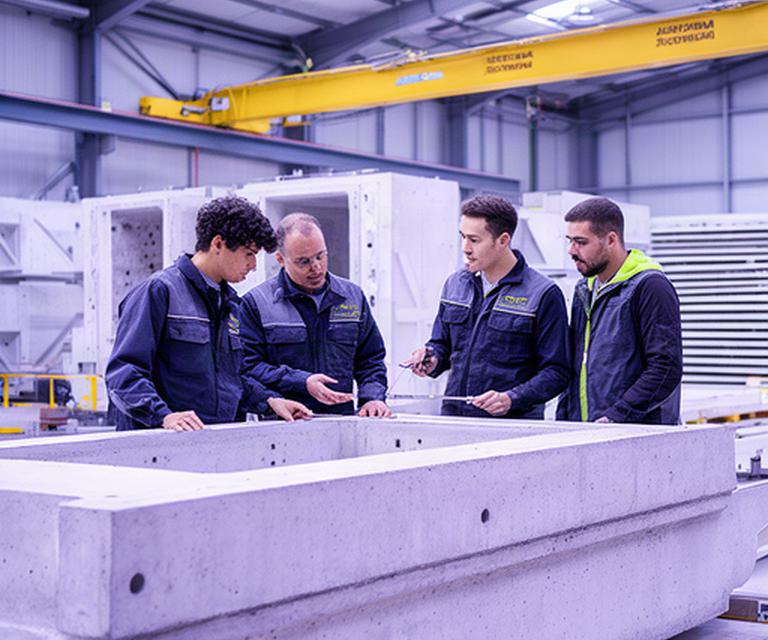 Mitarbeitende bei der Qualitätskontrolle von Bauteilen im Werk von Bauman & Brunner Elemente GmbH