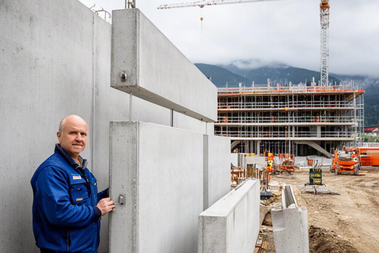Bauleiter auf einer Schweizer Baustelle neben präzise montierten Fertigbauteilen