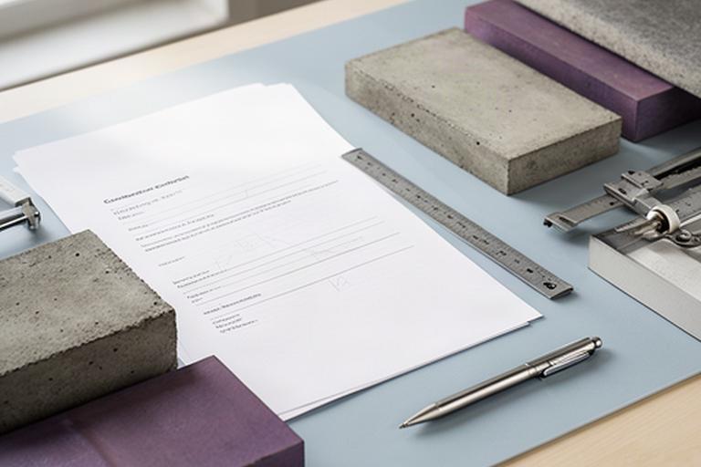 Unterzeichnete Vertragsunterlagen neben einem Muster aus Beton und Stahl auf einem Arbeitstisch