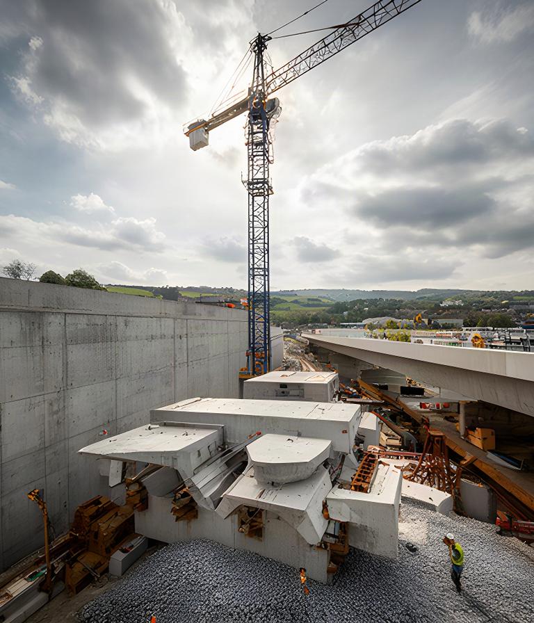 Vorgefertigte Bauteile an einer Brückenbaustelle neben Stützmauer und Baustellenkran