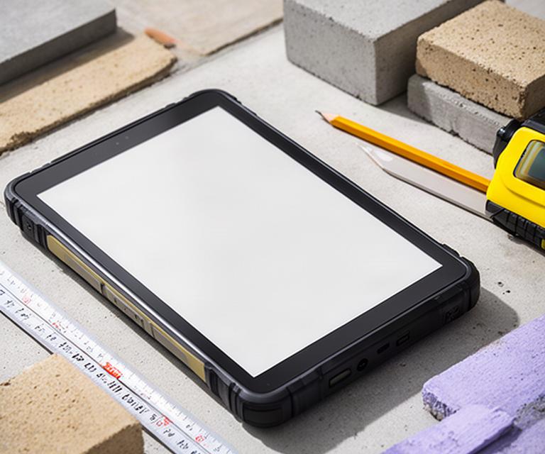 Detailaufnahme eines Tablets mit Baustellenformular neben Messband und Betonmustern