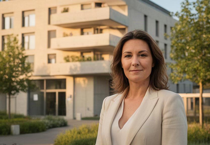 Bauherrin vor einem fertiggestellten Wohnpark in Genf mit moderner Betonfassade