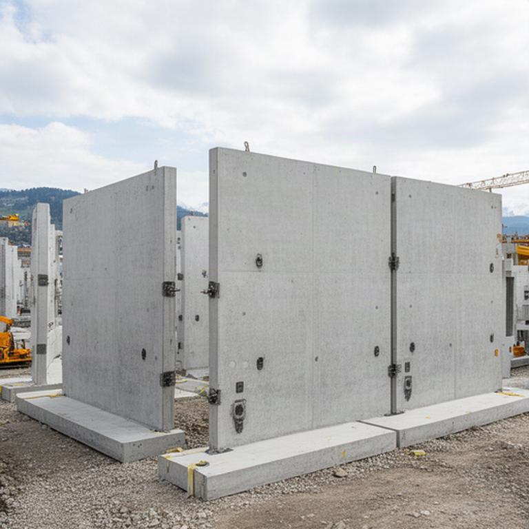 Vorgefertigte Betonwandelemente auf einem Schweizer Baustellengelände mit sichtbaren Anschlusspunkten