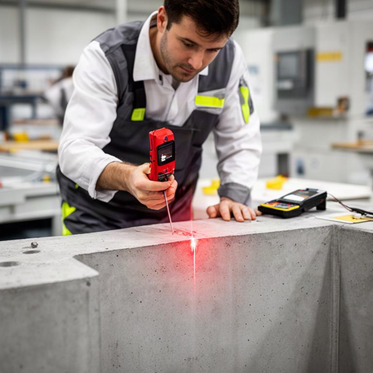 Mitarbeiter prüft ein Betonfertigteil mit Laser in der Qualitätssicherung
