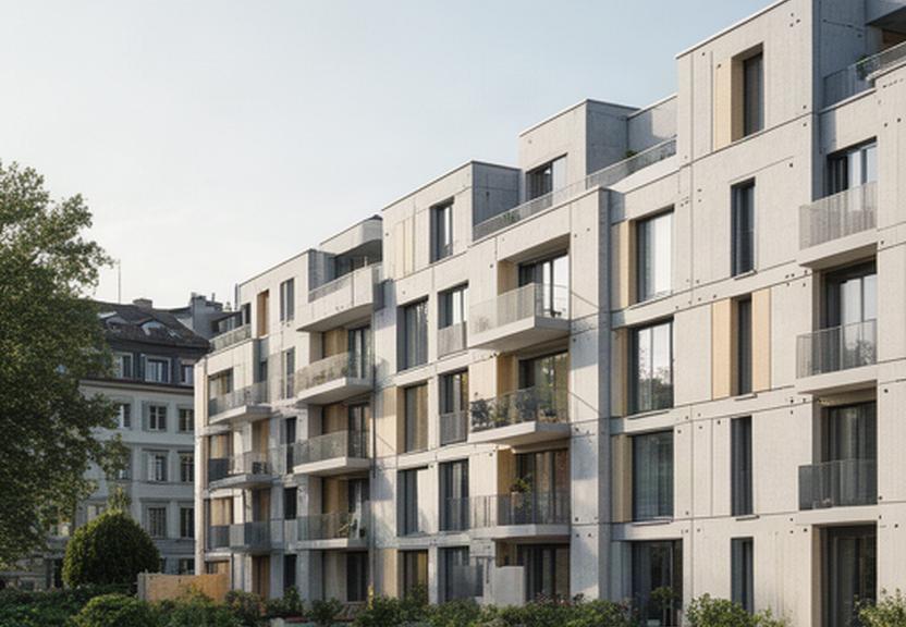 Fertige Fassade der Wohnüberbauung Seefeld in Zürich mit grossen vorgefertigten Wandelementen