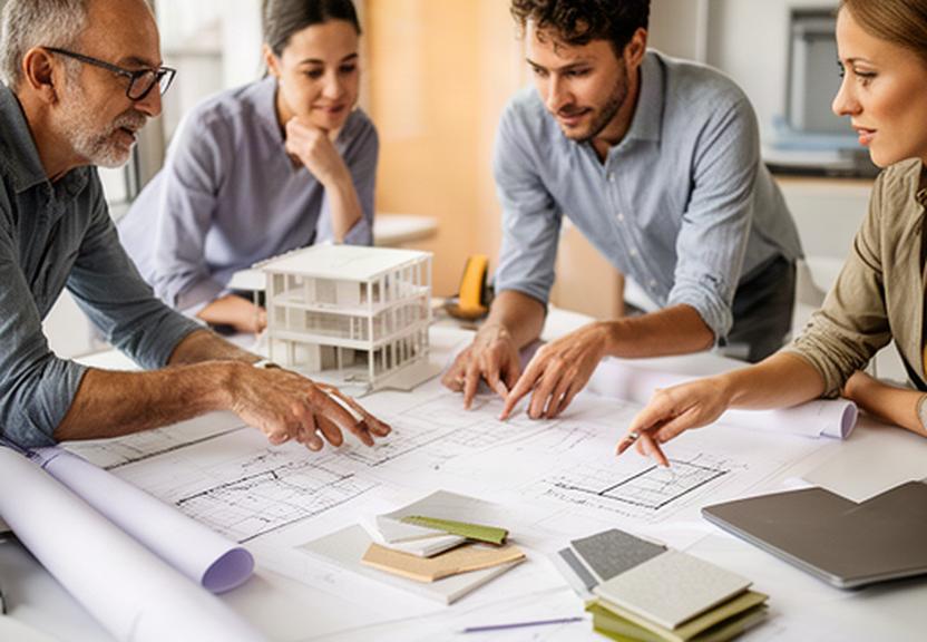 Architektur- und Ingenieurteam bespricht Baupläne an einem Tisch in Vernier