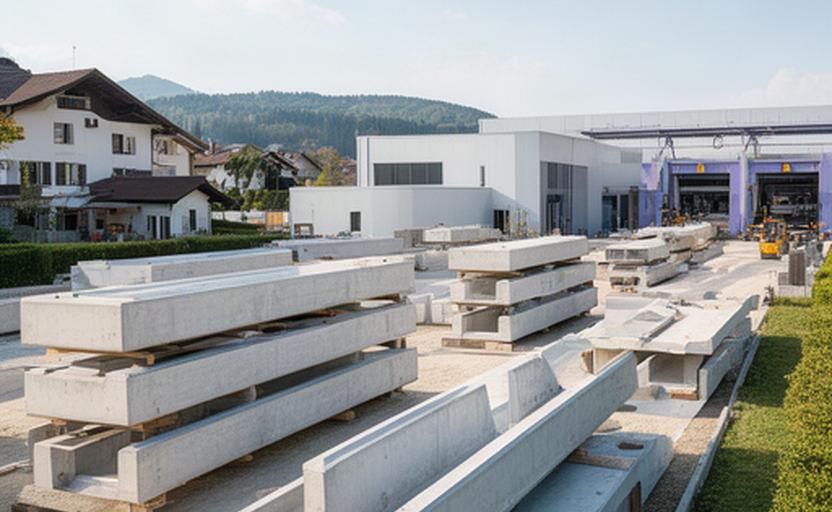 Vorgefertigte Bauelemente auf dem Betriebsgelände von Bauman & Brunner Elemente GmbH in Vernier