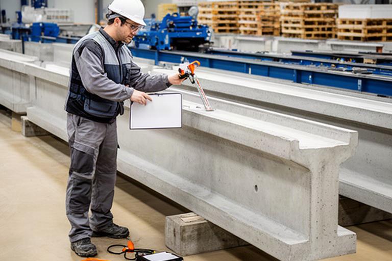 Technische Prüfung eines gefertigten Betonträgers vor der Auslieferung aus dem Werk