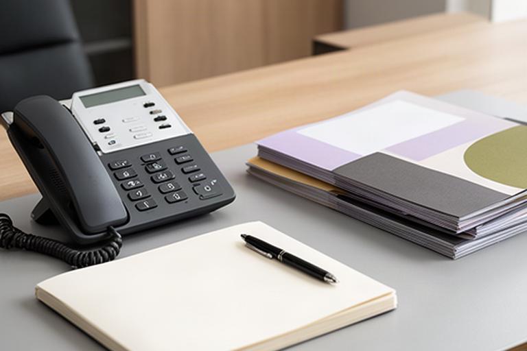 Büroarbeitsplatz eines Bauunternehmens mit Telefon, Notizbuch und Projektunterlagen