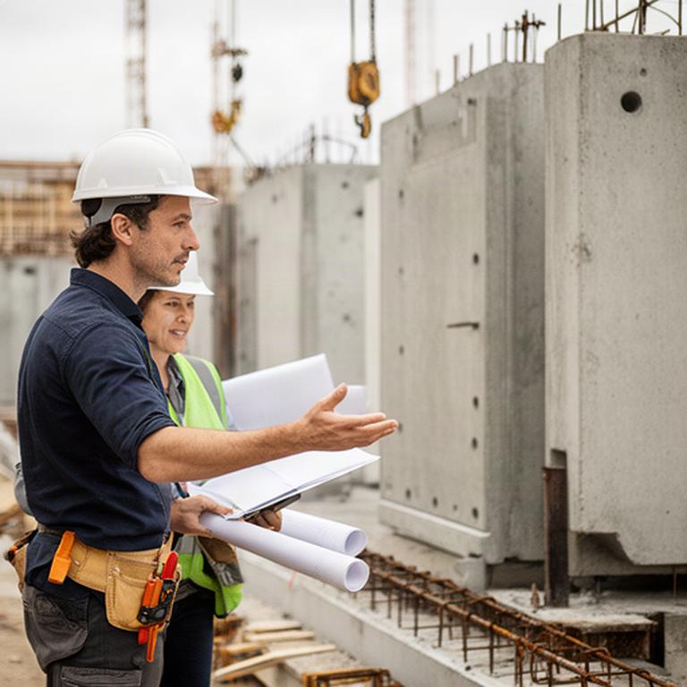 Architektin bespricht Pläne vor grossformatigen vorgefertigten Bauteilen auf einer Baustelle