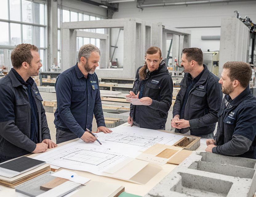 Fachteam von Bauman & Brunner Elemente GmbH bei einer Besprechung zwischen Planungsunterlagen und Bauteilen