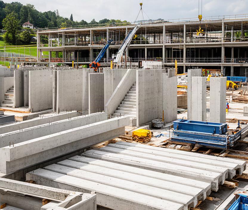 Verschiedene vorgefertigte Bauteile auf einer Baustelle im Kanton Genf